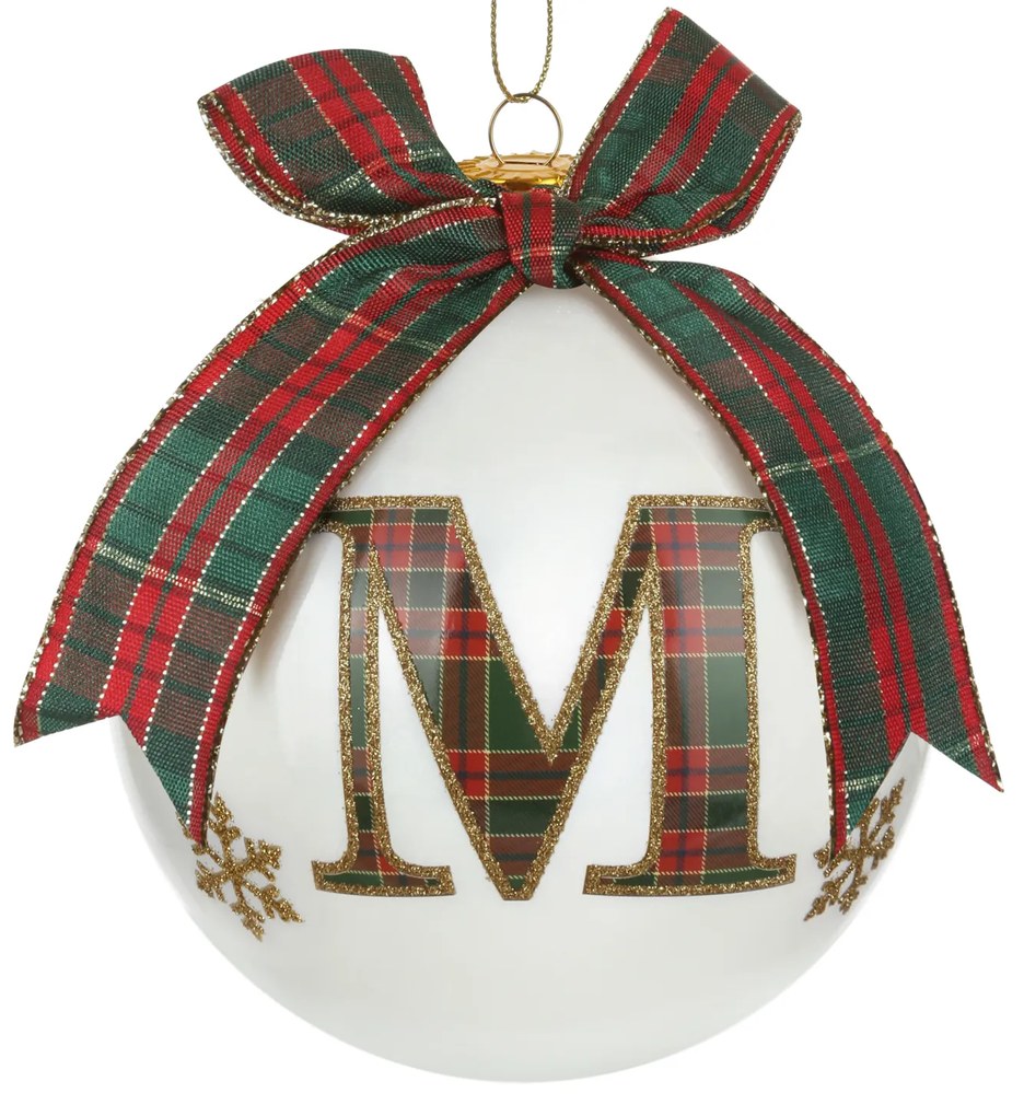 Pallina Natale lettera M tartan vetro 10 cm