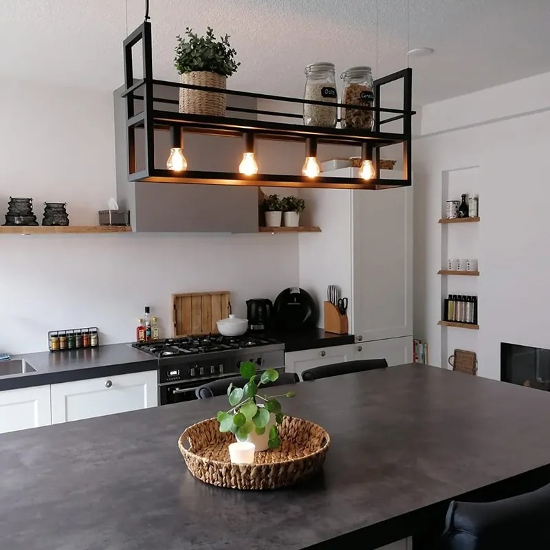 Lampada a sospensione nera con ripiano 4 luci - Cage Rack
