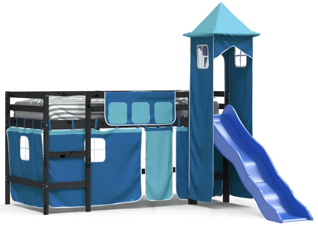 Letto a soppalco con torre bambini blu 80x200cm massello pino