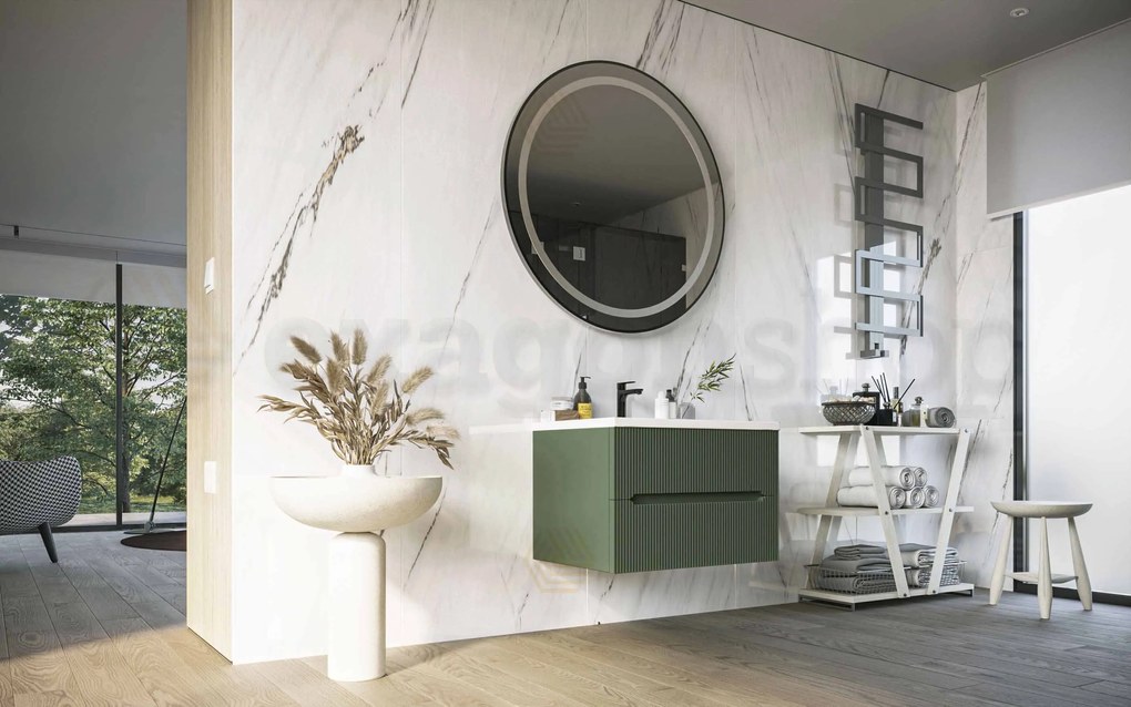 Mobile bagno verde muschio 70x46 cannettato Urbino due cassetti con lavabo in ceramica frontale