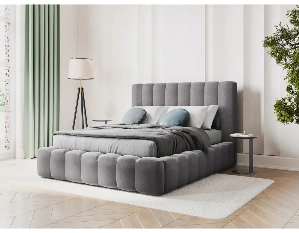 Letto matrimoniale imbottito grigio con contenitore con griglia 200x200 cm Kelp - Micadoni Home