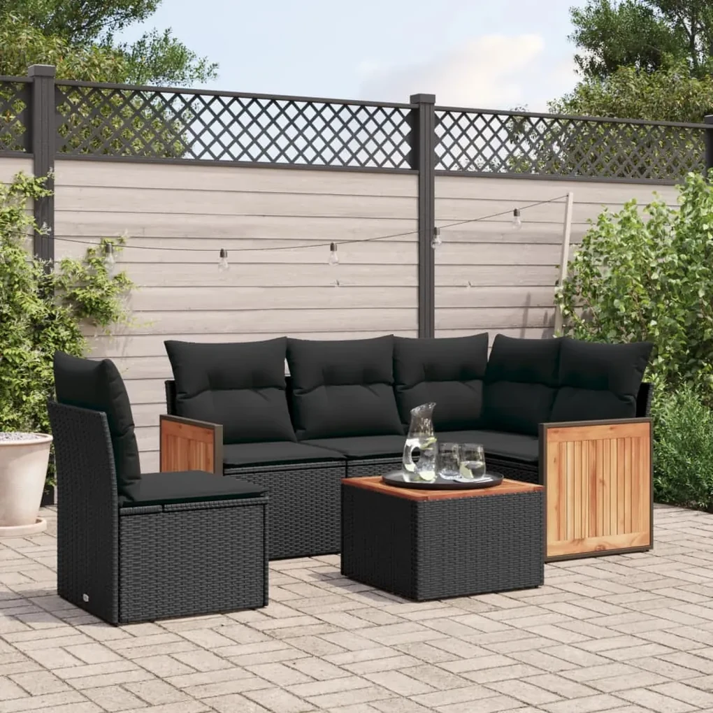 Set divano da giardino 6 pz con cuscini nero in polyrattan
