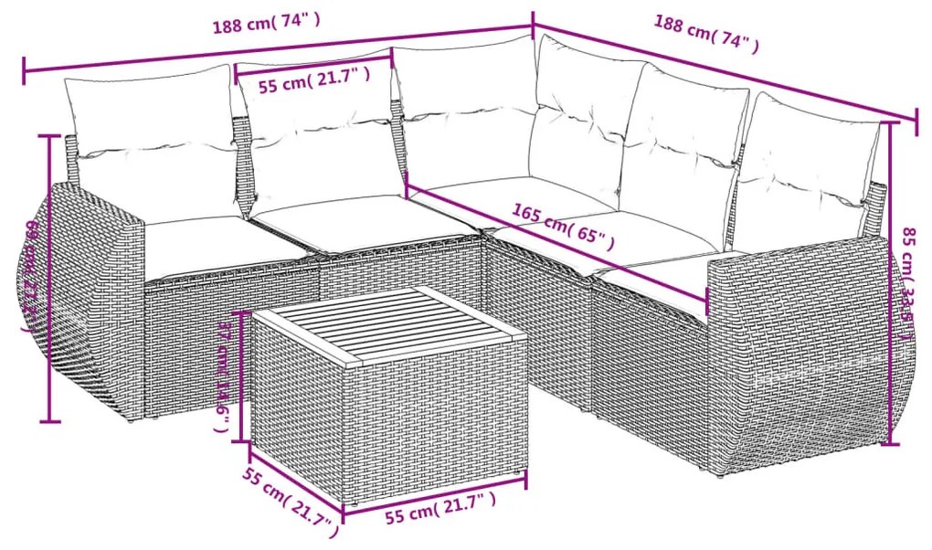 Set divano da giardino 6 pz con cuscini nero in polyrattan