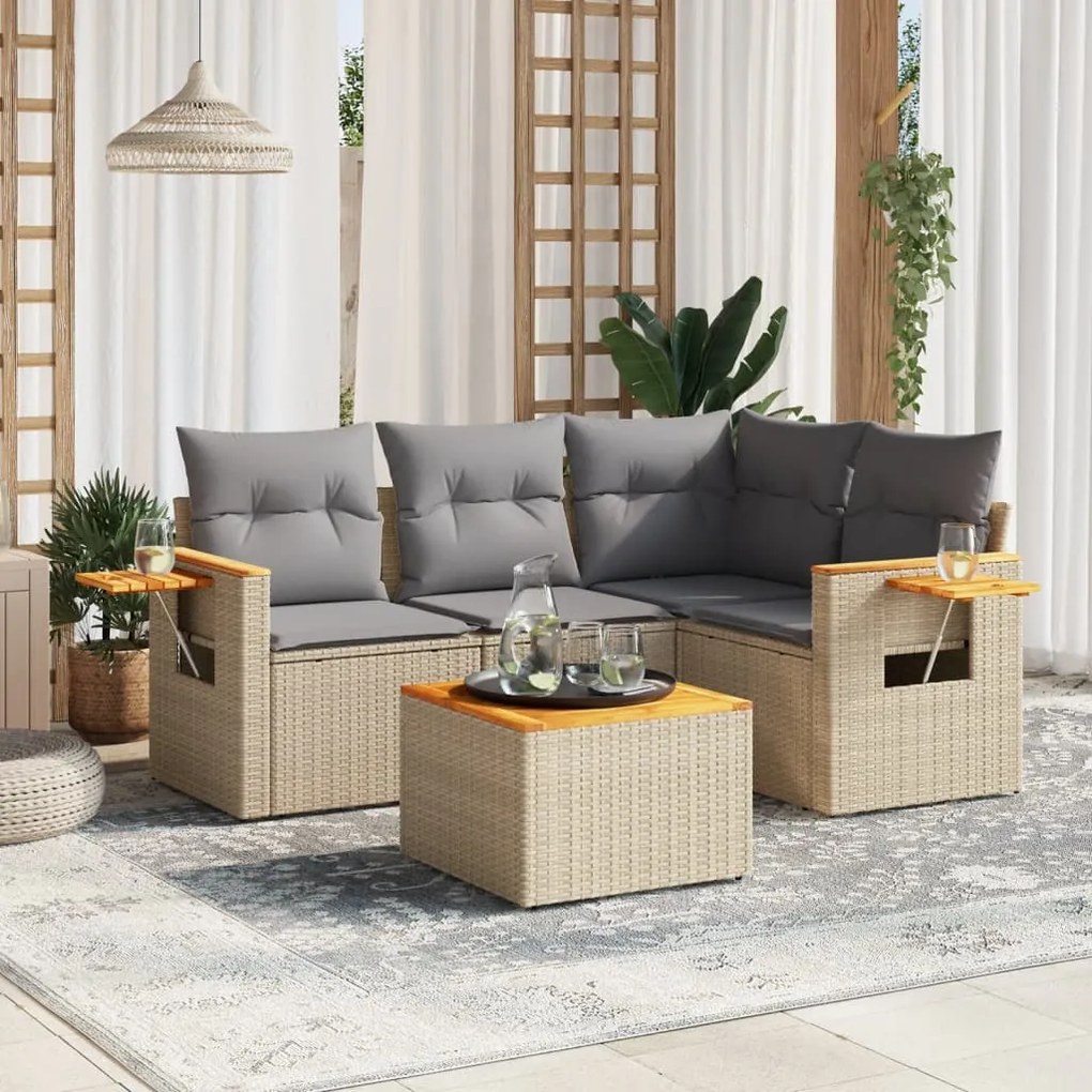 Set divano da giardino 5 pz con cuscini beige in polyrattan