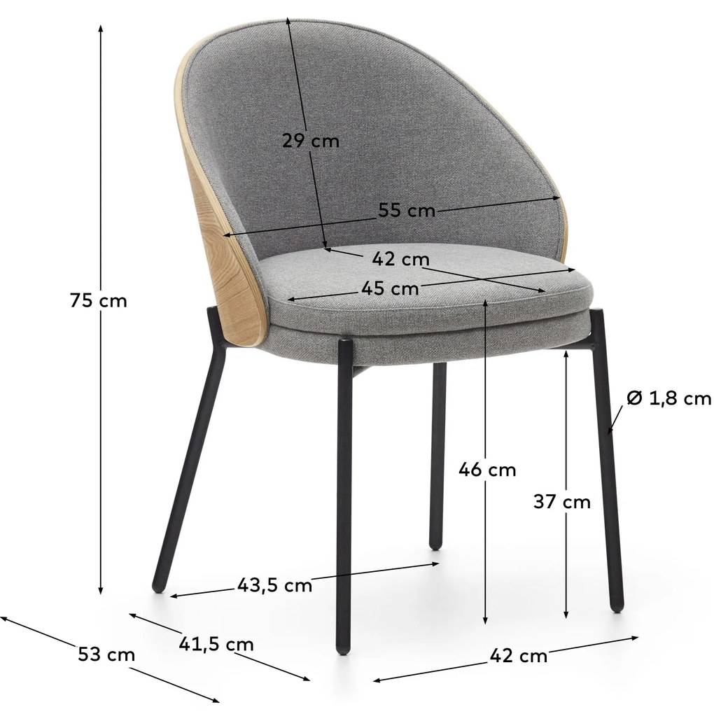 Kave Home - Sedia Eamy in ciniglia grigio chiaro impiallacciato frassino finitura naturale e metallo n