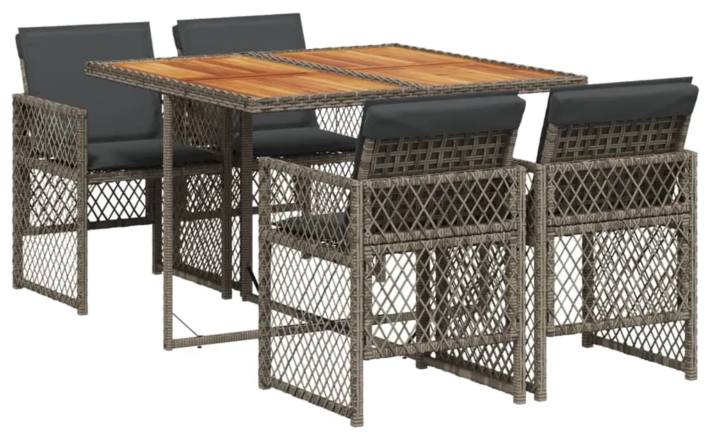 Set da pranzo da giardino 5 pz con cuscini in polyrattan grigio