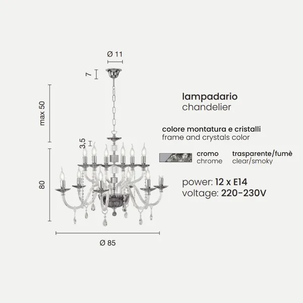 Lampadario sospeso LIVIA in vetro e cristallo Fumč 12 luci