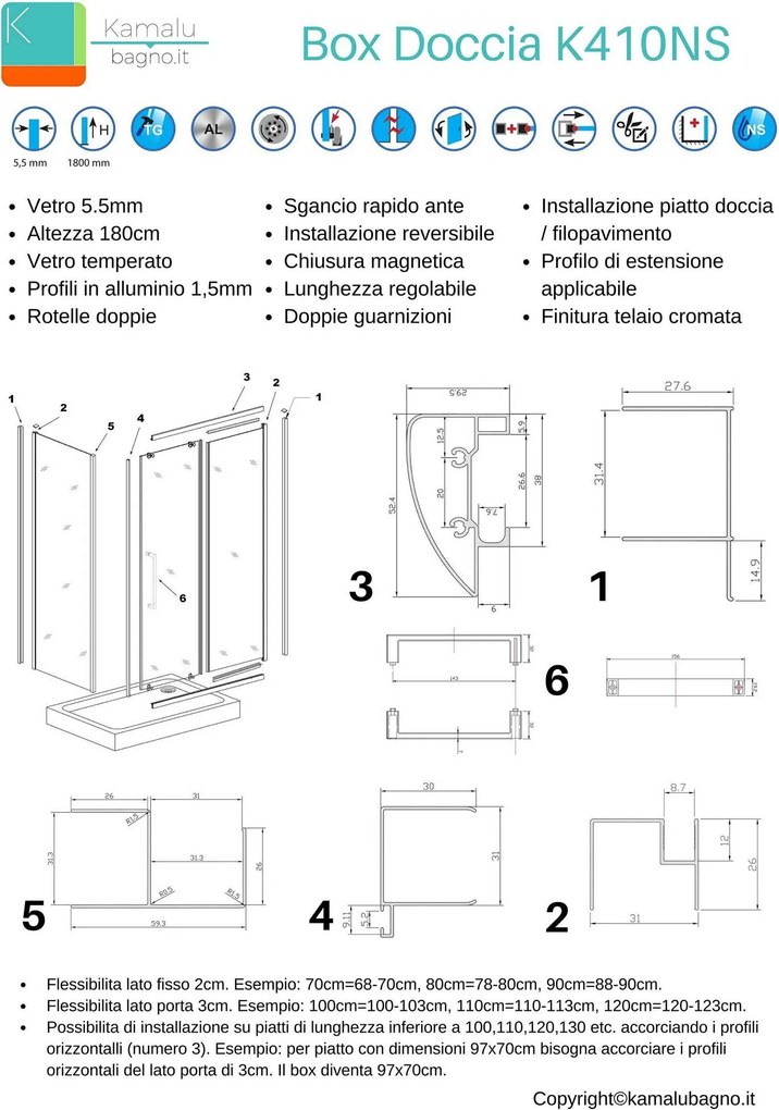 Box doccia 100x90 angolare laterale fisso 90cm vetro opaco altezza 180cm | K410NS - KAMALU
