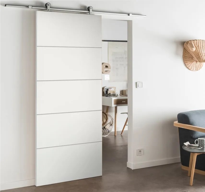 Porta scorrevole reversibile Fourlines in mdf bianco, L 93 x H 212 cm, con binario Loft Alluminio