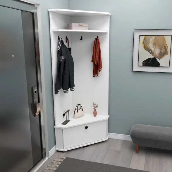 Mobile Da Ingresso Ad Angolo Con Appendiabiti E Vano Scarpiera Valis Bianco