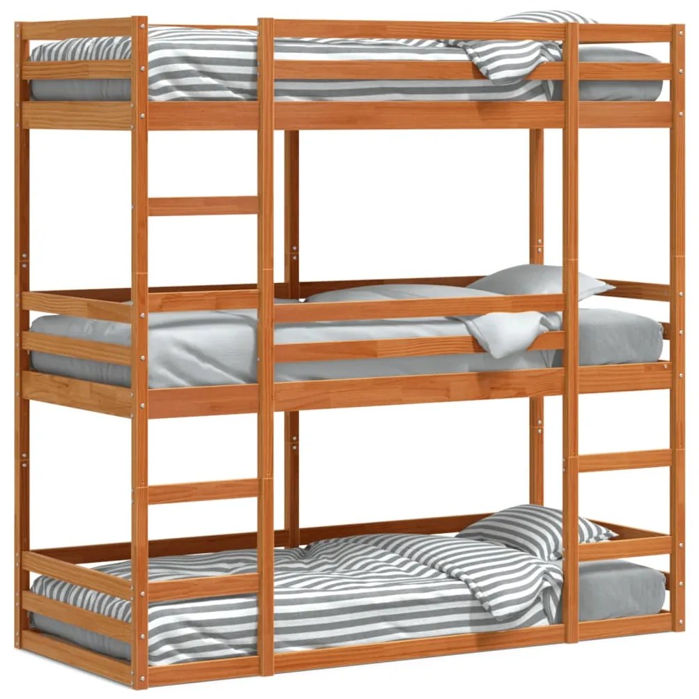 Letto Castello Triplo Marrone Cera 90x190cm Legno Massello Pino /
