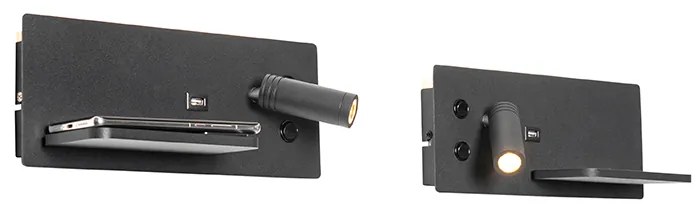 Set di 2 lampade da parete nere con LED, USB e caricabatterie a induzione - Riza