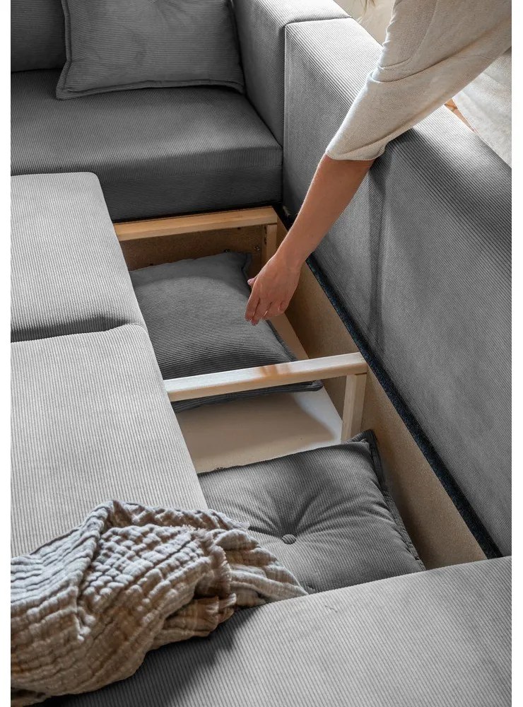 Divano letto angolare in velluto a coste grigio (angolo sinistro/"U") Lazy Lukka - Miuform