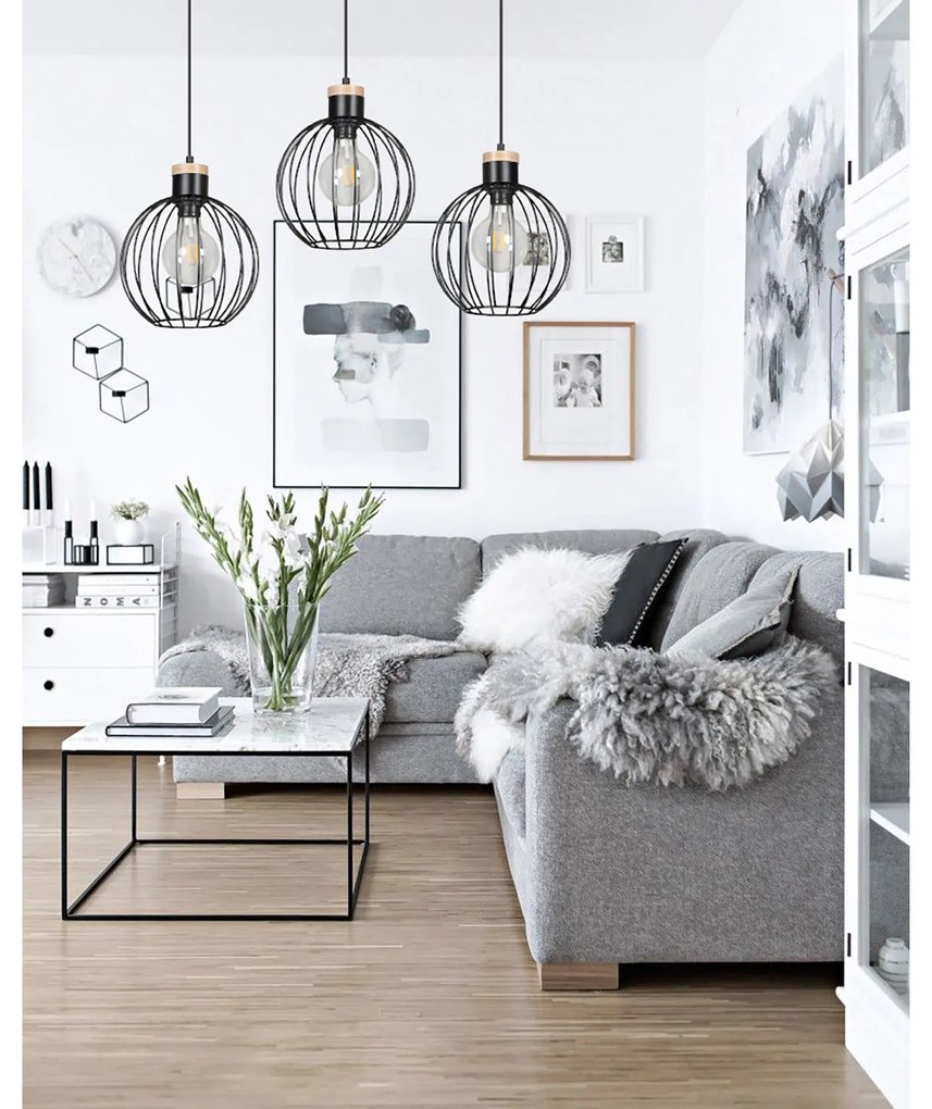 Lampadario 3 Luci Morgana Paralumi A Gabbia In Acciaio Nero E Legno Naturale