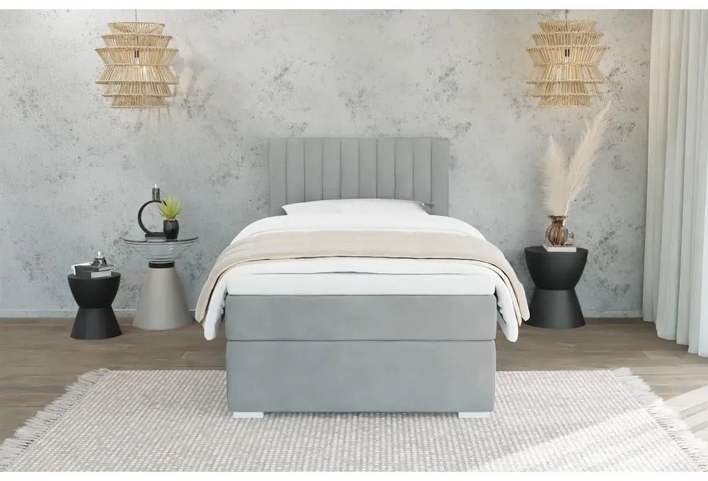 Letto singolo imbottito con contenitore grigio chiaro con materasso e topper inclusi 90x200 cm Bunny – Ropez