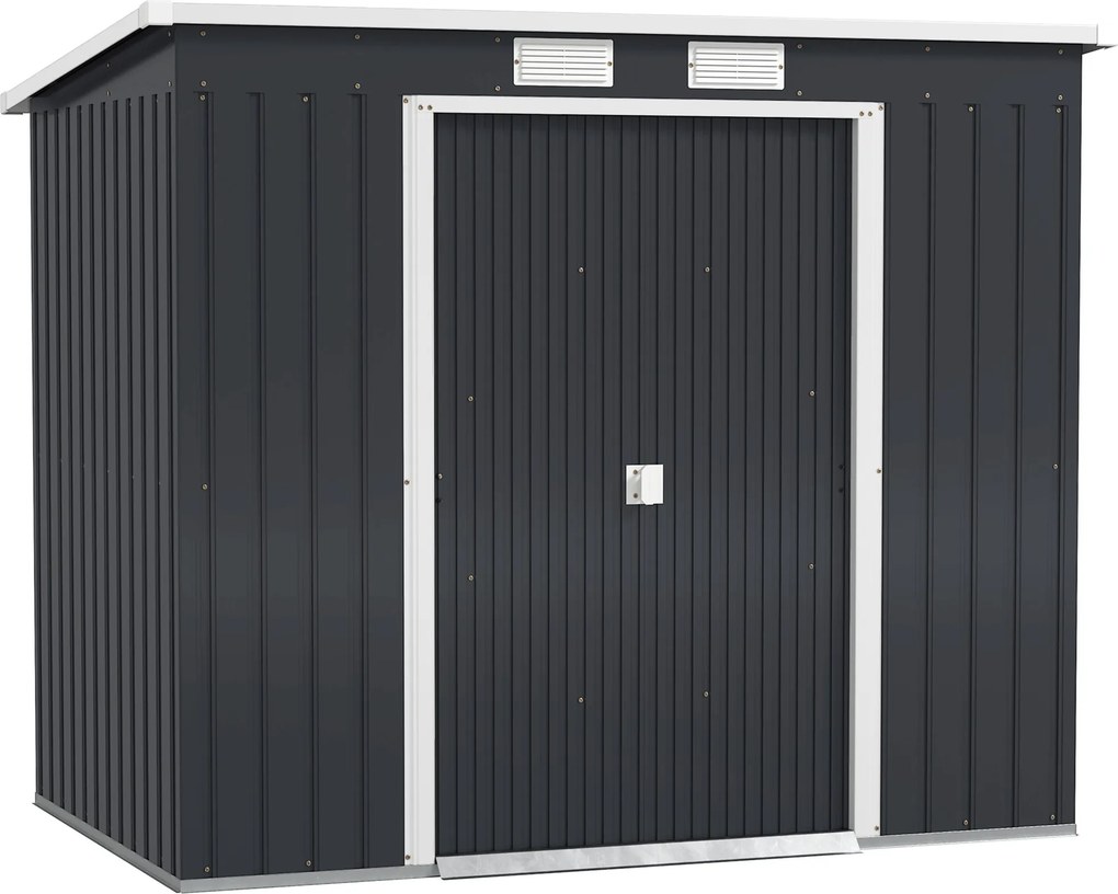 Capanno Attrezzi con Tetto Inclinato 213x130x172 cm 2 Ingressi e Prese d'Aria in Acciaio Grigio Scuro...