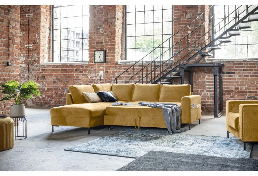 Divano letto angolare in velluto giallo (angolo sinistro) Lofty Lilly - Miuform