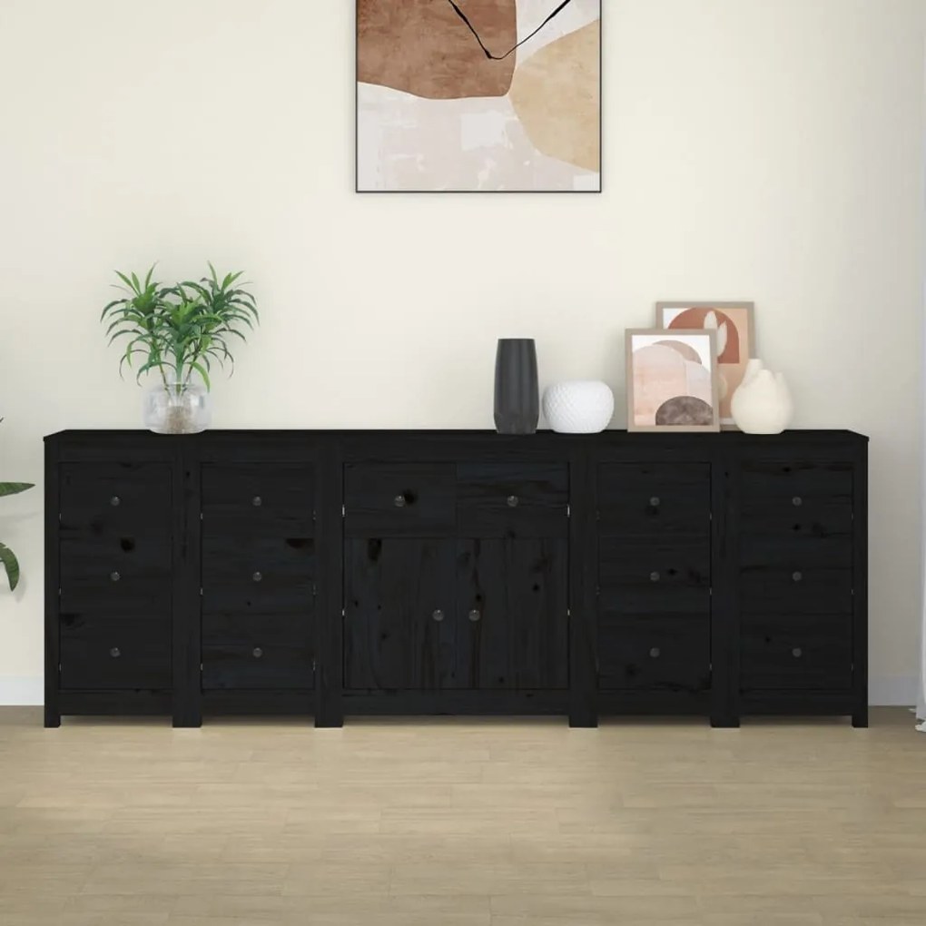 Credenza nera 230x35x80 cm in legno massello di pino