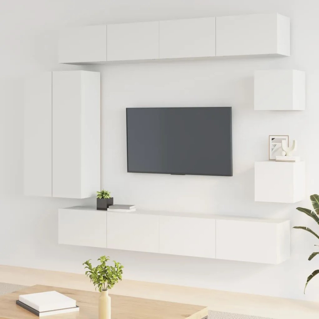 Set mobili porta tv 8pz bianco in legno multistrato