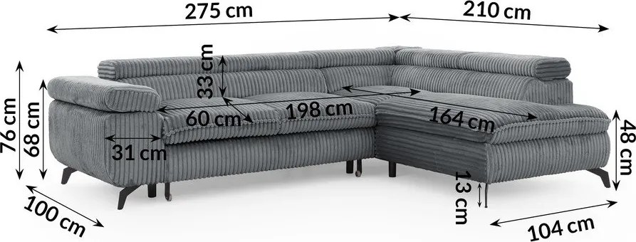 Divano angolare grigio (con penisola a destra/a L) con rivestimento in velluto a coste Marbeya – Ropez