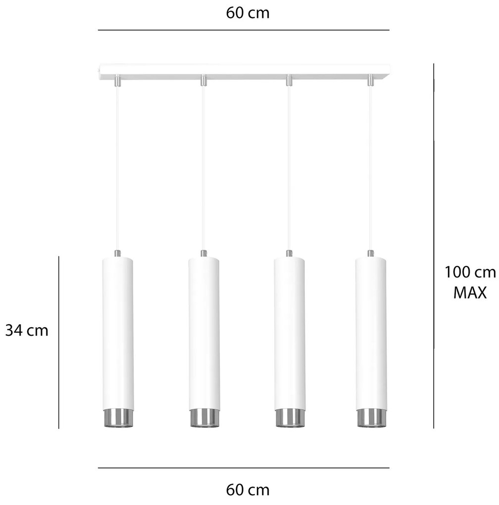 Lampadario 4 Luci Kibo In Acciaio Bianco E Tubolari In Bianco E Cromo