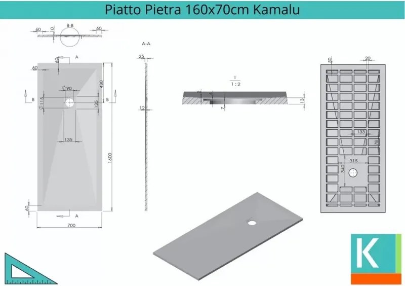 Kamalu - Piatto doccia 160x70 cm effetto pietra colore bianco