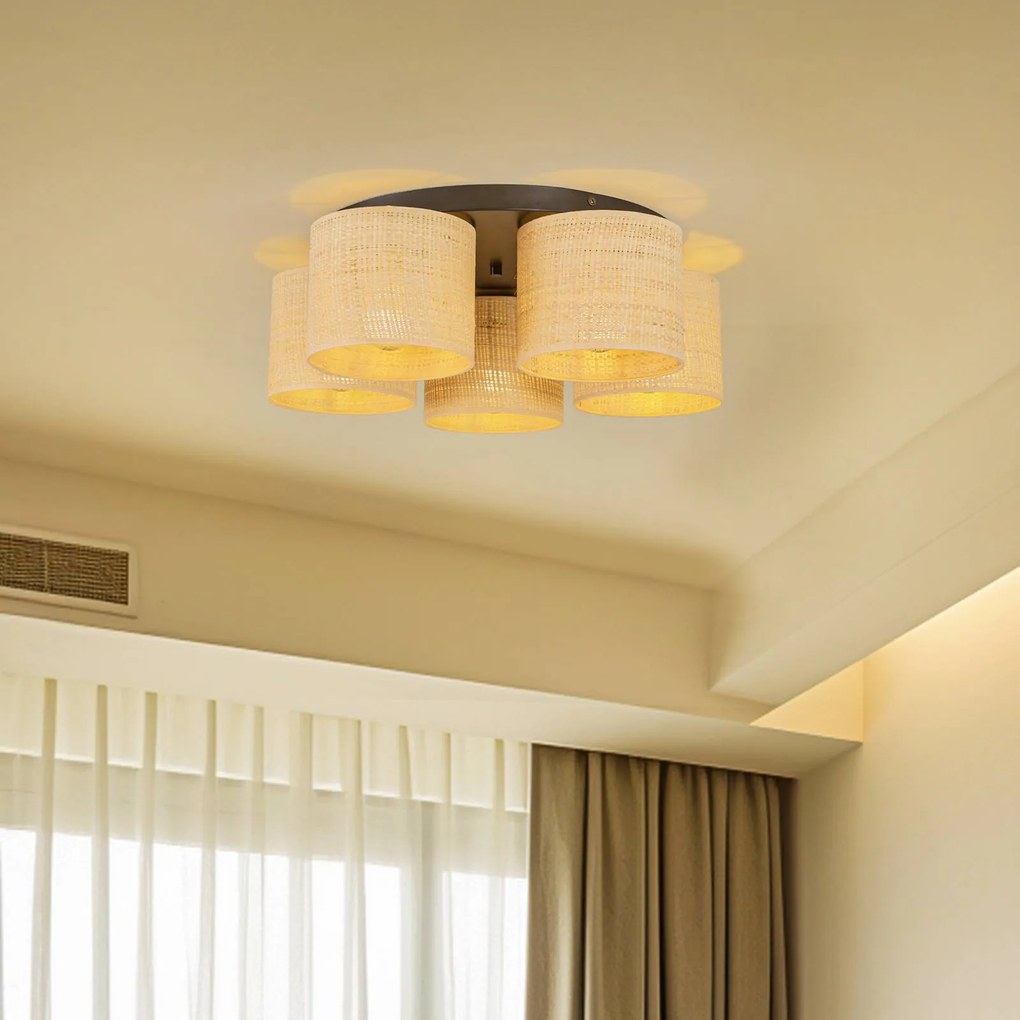 Luminex Plafoniera Jovin con cinque paralumi in rattan