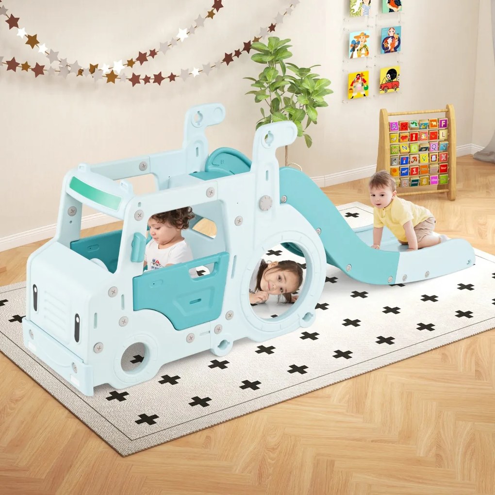 Costway Scivolo per bambini 18 mesi+ 3-in-1 con casa giocattolo a forma di autobus corrimano rialzati, Set di gioco interno Blu