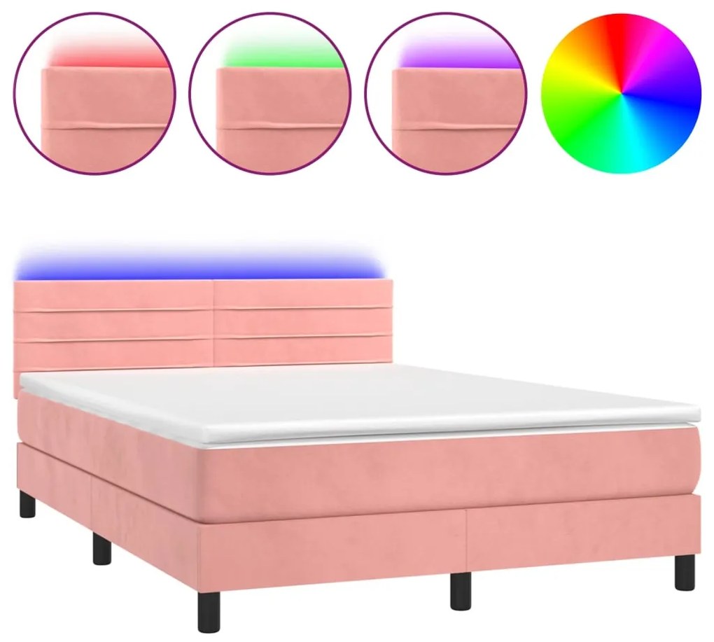 Letto a Molle con Materasso e LED Rosa 140x200 cm in Velluto