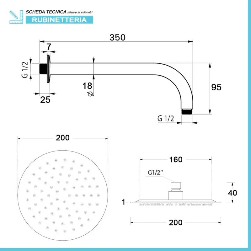 Set doccia con braccio 35 cm e soffione 20 cm in inox nero opaco