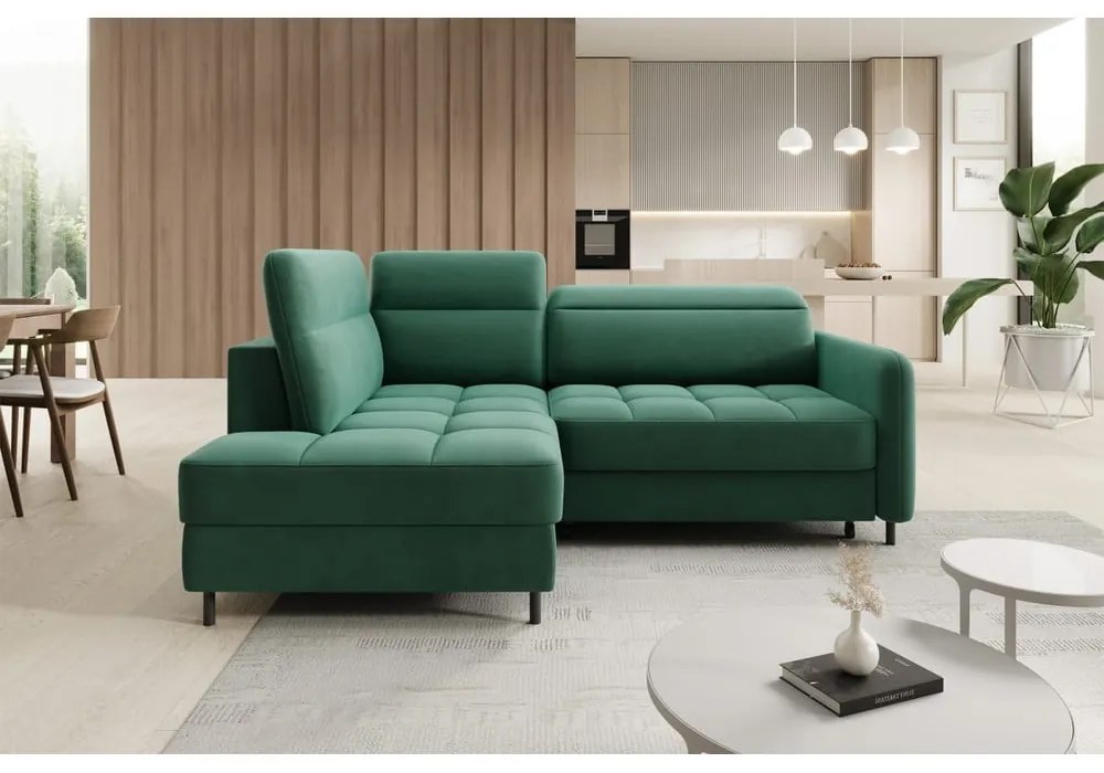 Divano angolare verde allungabile/con contenitore (con penisola a sinistra/a L) e rivestimento in velluto Barea – ELTAP