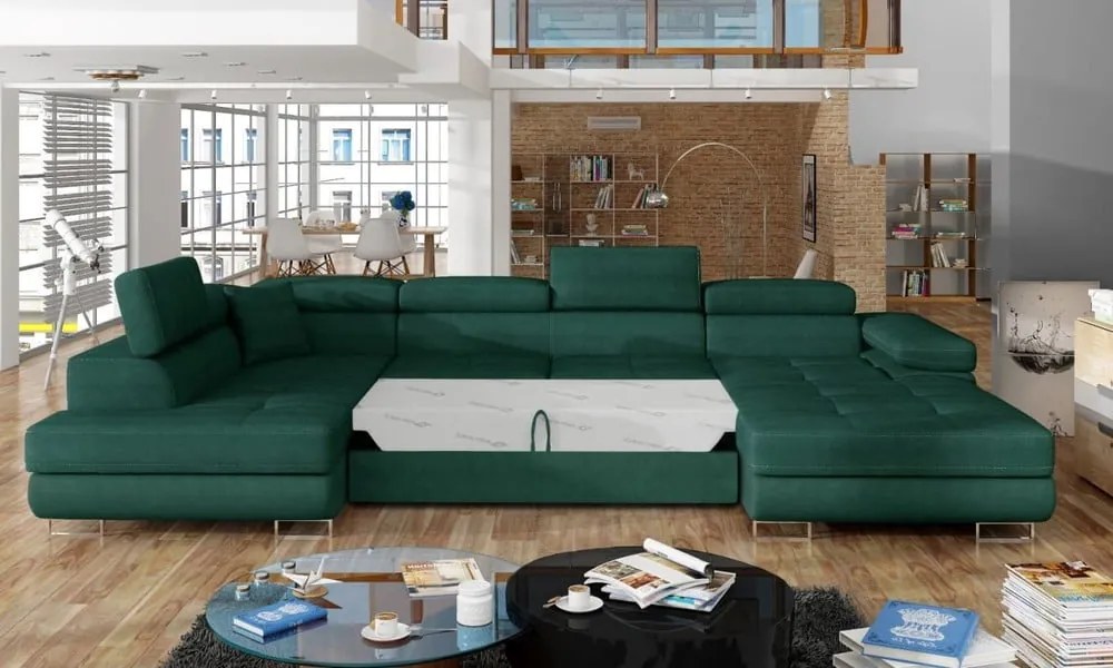 Divano angolare verde allungabile/con contenitore (con penisola a sinistra/a U) e rivestimento in velluto Rodrigo – ELTAP