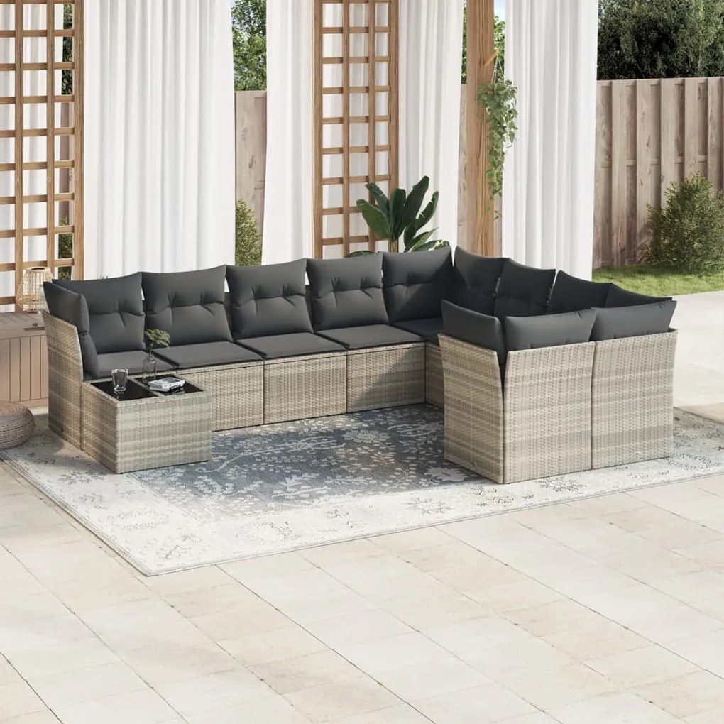 Set divano giardino 10 pz con cuscini grigio chiaro polyrattan