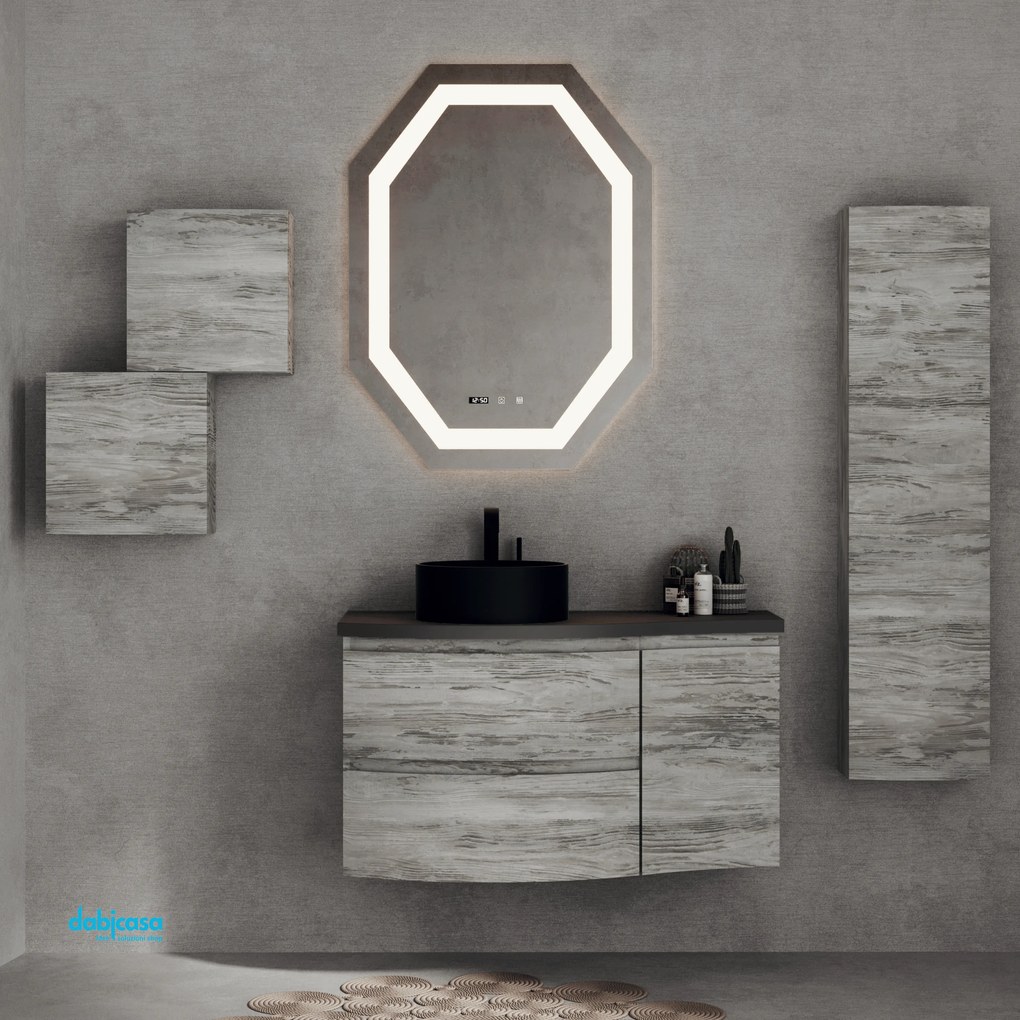 Mobile Bagno Sospeso "Dolce Vita" Da 105 Cm Con Due Cassetti Ed Un'Anta Lavabo D'appoggio Specchio Retroilluminato Finitura Grigio Scuro/Grigio Antico