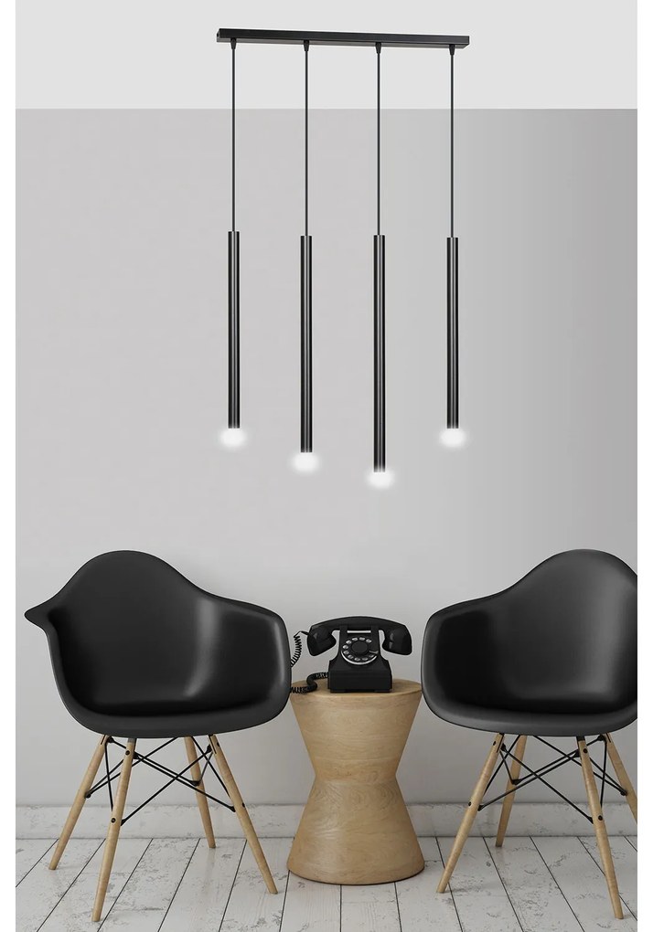 Lampadario 4 Luci Moderno Shu Acciaio Nero E Paralumi A Cilindri Sottili