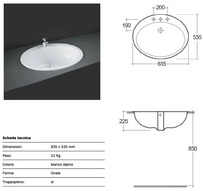 Lavabo da incasso soprapiano 63,5x53,5 cm Rak modello Cherry