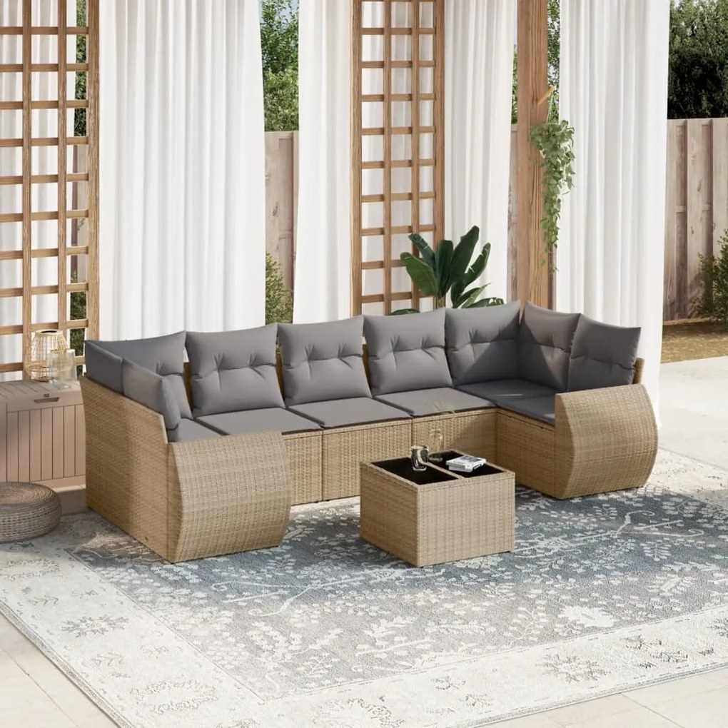 Set Divano da Giardino 8 pz con Cuscini Beige in Polyrattan