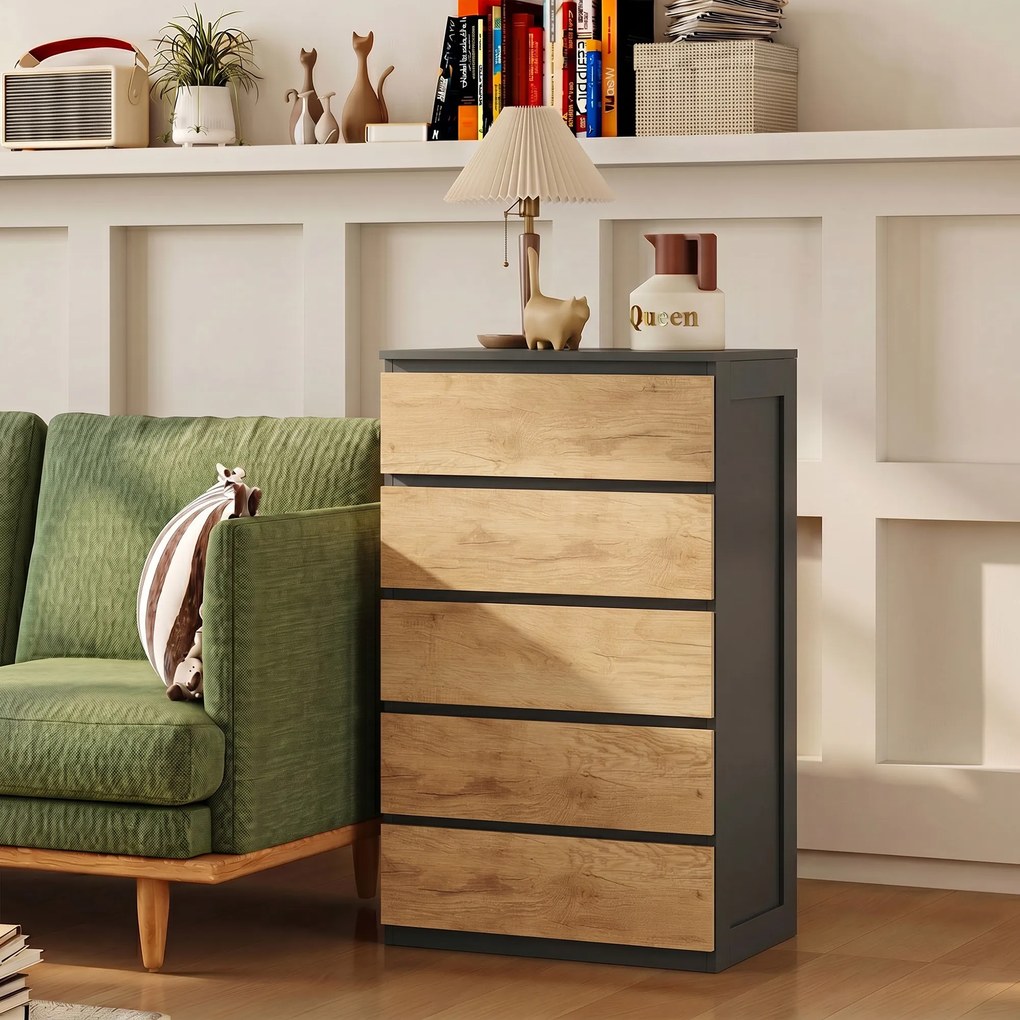 Cassettiera 5 Cassetti 60x39x100 cm con Guide in Metallo e Maniglie Scanalate in Legno Nero e Rovere...