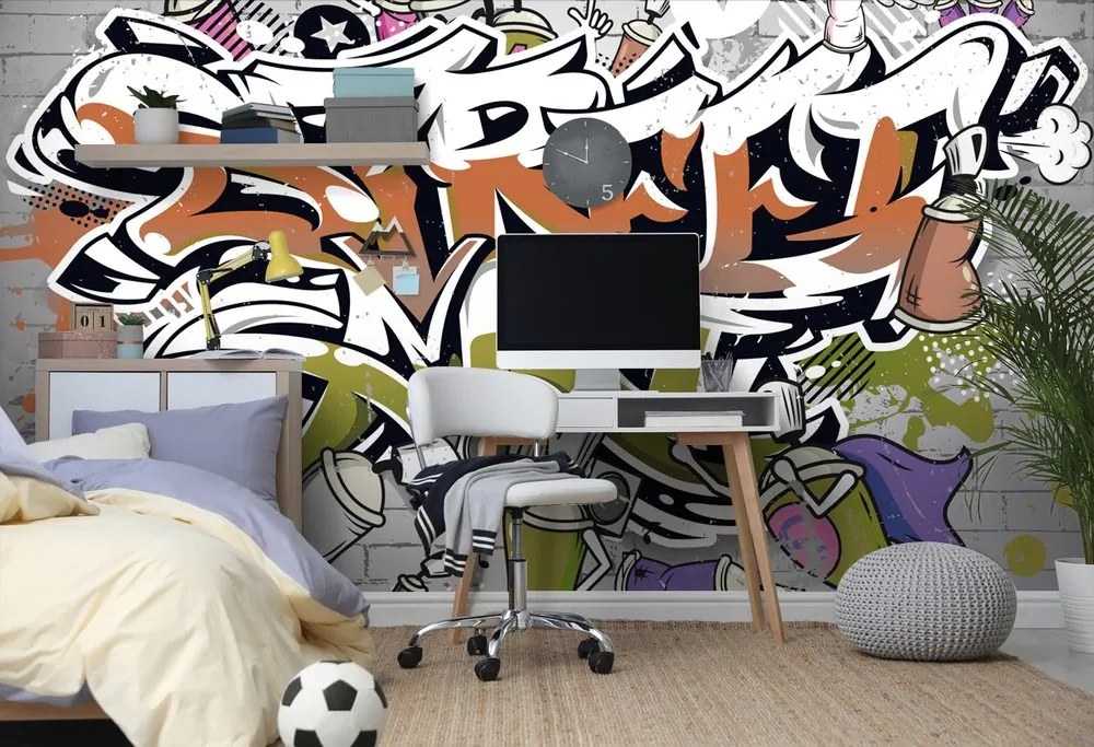 Carta da parati autoadesiva – Scritta Street Art arancione con spray
