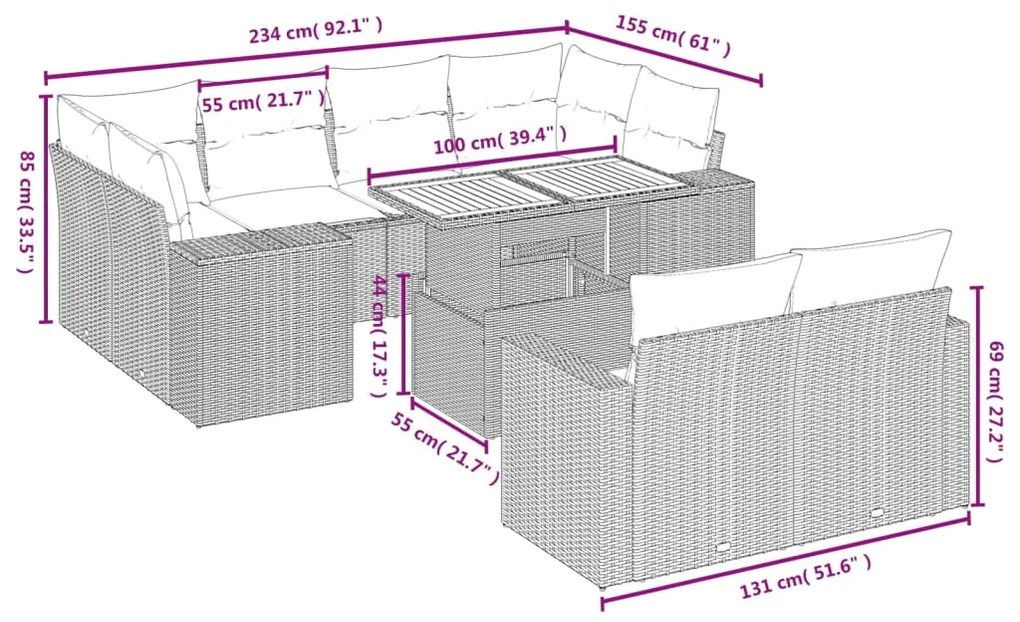 Set divani da giardino 11 pz con cuscini beige in polyrattan