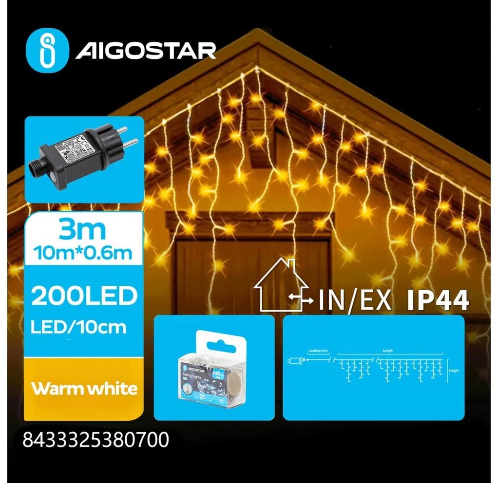 Aigostar - Catena LED natalizia da esterno 200xLED/8 funzioni 13x0,6m IP44 bianco caldo