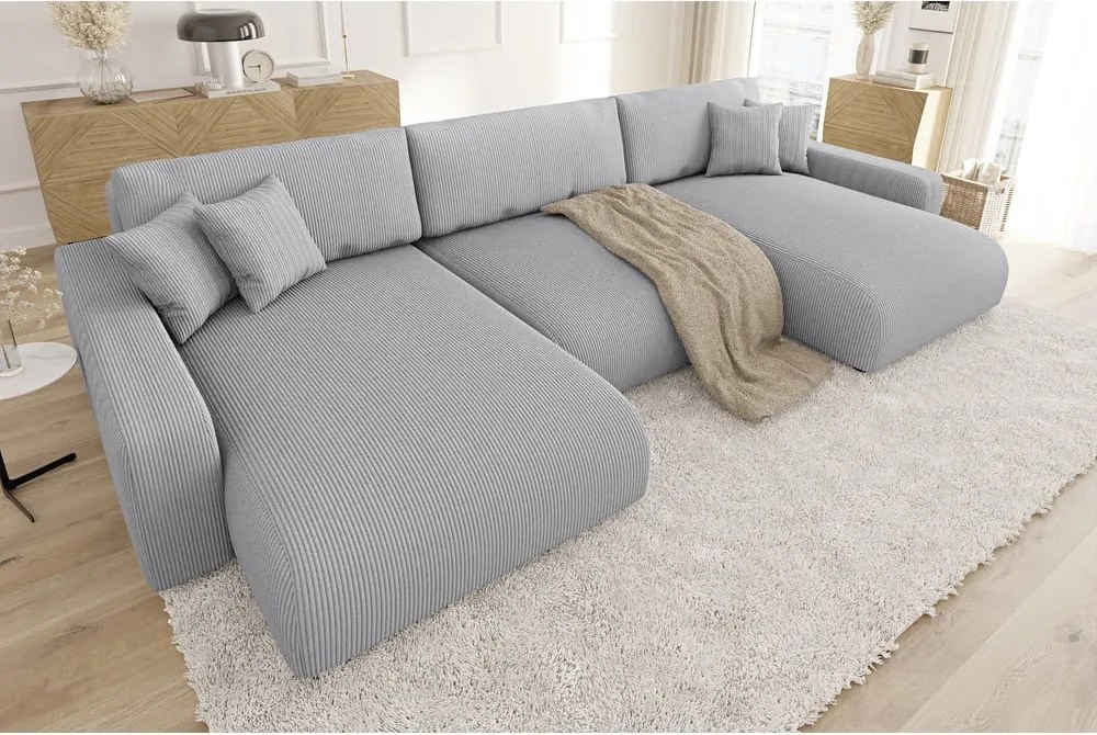 Divano angolare grigio chiaro allungabile/con contenitore (a U) con rivestimento in velluto a coste Sara – Ropez