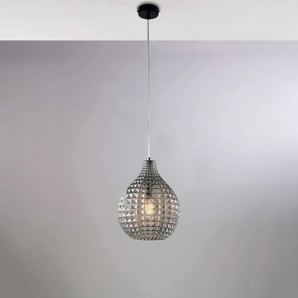 Bonetti Illumina Sospensione in ferro laccato nero e montatura cromo e diffusore in vetro soffiato Grigio con decoro effetto cristallo 1 luce