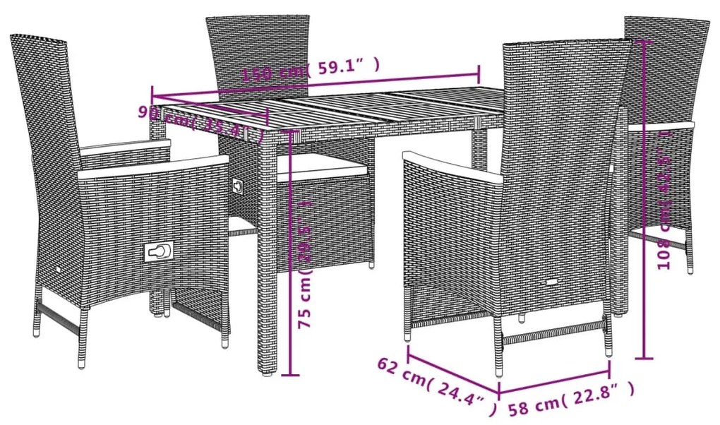 Set da pranzo da giardino 5 pz nero con cuscini in polyrattan