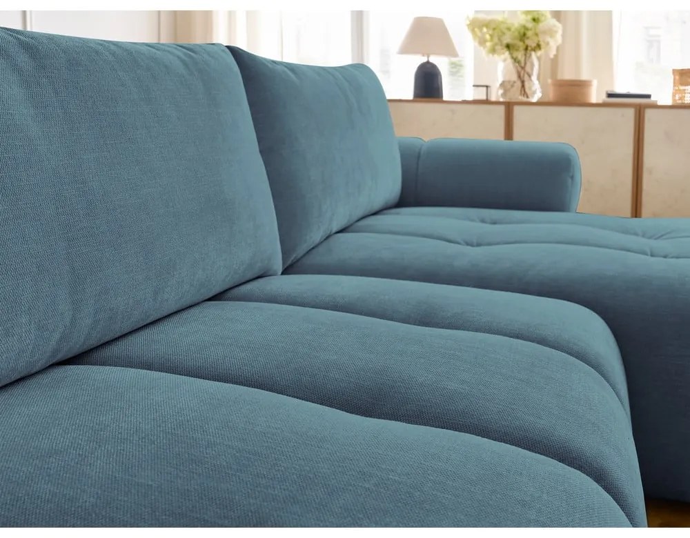 Divano angolare blu allungabile e con contenitore (penisola a destra/chaise lounge) con rivestimento in ciniglia Fuji – Bobochic Paris