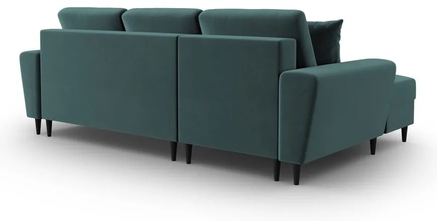 Divano angolare color petrolio allungabile e con contenitore (con penisola a sinistra/con chaise lounge) con rivestimento in velluto Kyoto – Cosmopolitan Design