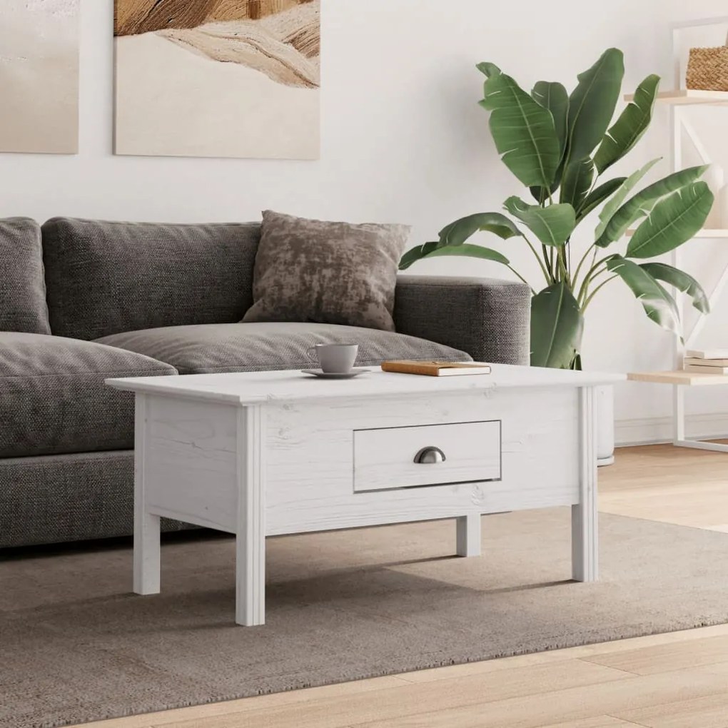 Tavolino Da Salotto Bodo 100x55x46cm Legno Massello Pino Bianco /