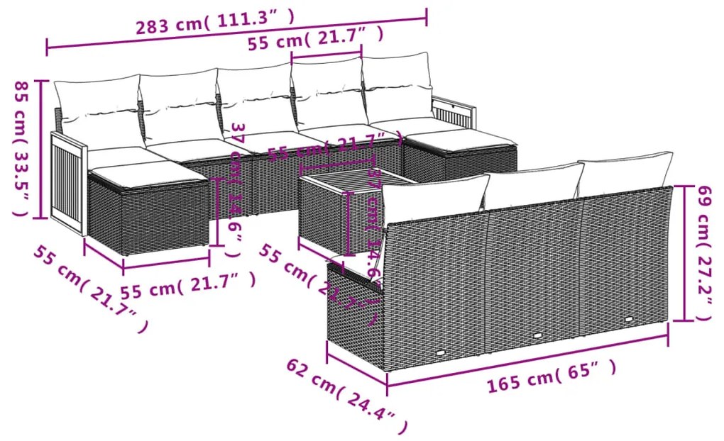 Set divani da giardino 11 pz con cuscini in polyrattan nero