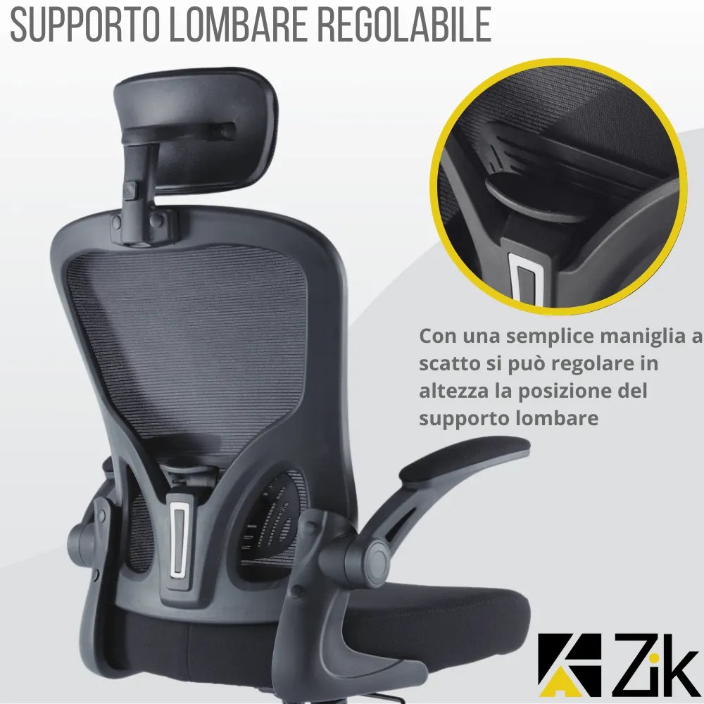 UNI EN 1335 Sedia da Ufficio Certificata Nera Ergonomica con Braccioli Pieghevoli, Supporto Lombare, Poggiatesta Regolabile