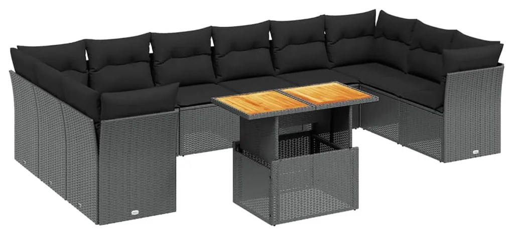 Set divani da giardino 11 pz con cuscini in polyrattan nero